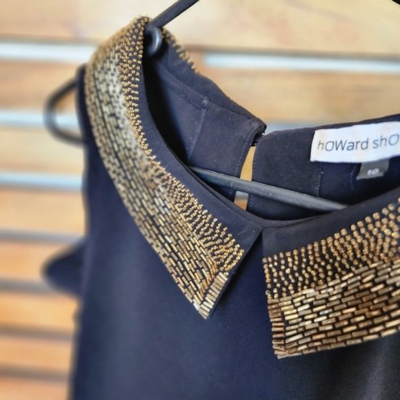 Howard Showers midi dress size 10 black stretch knit embellished gold collar - Picture 6 of 10